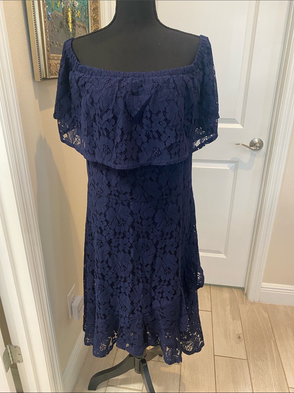 Isaac Mizrahi live blue floral lace, off shoulder midi dress size large